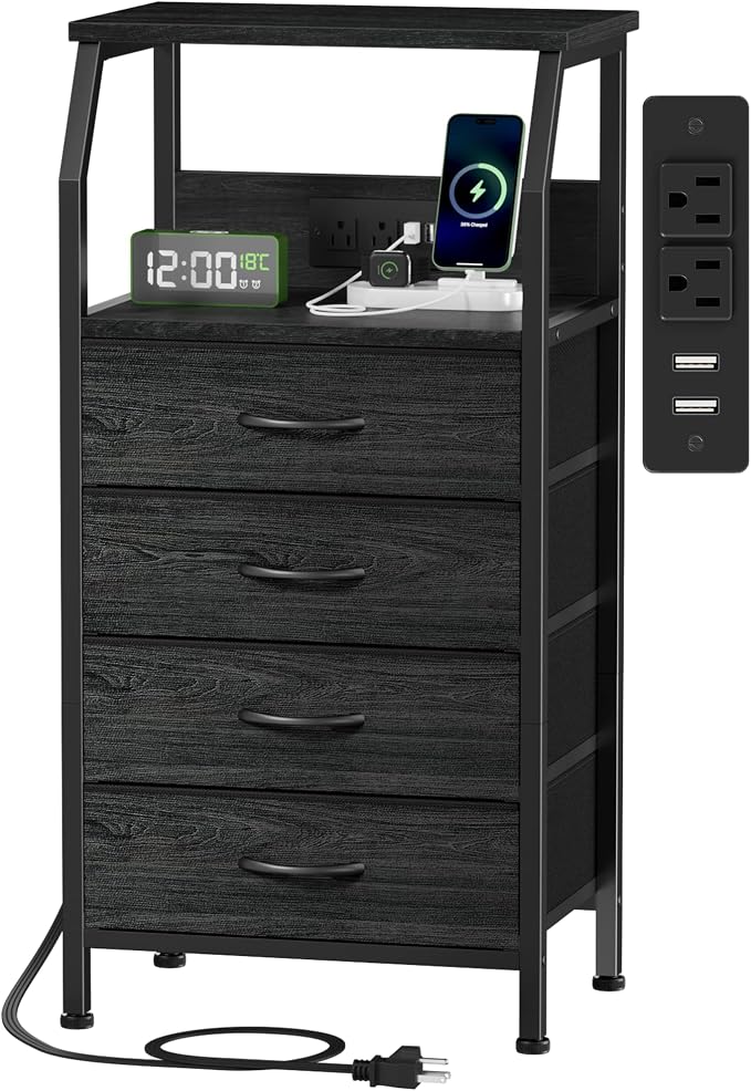 Furnulem Tall Night Stand with Charging Station, 4 Drawers Bedside Table | by Furnulem