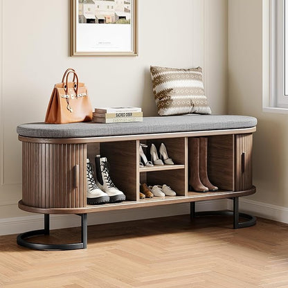 Decofy Shoe Storage Bench with Cushion and Sliding Doors, 47.2 Inch Shoe Bench by Decofy