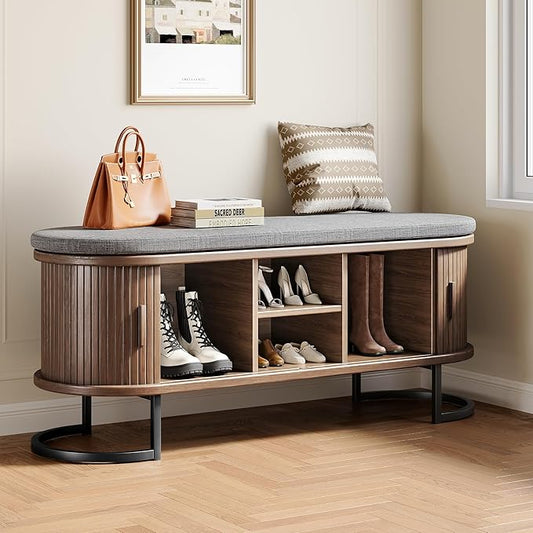 Decofy Shoe Storage Bench with Cushion and Sliding Doors, 47.2 Inch Shoe Bench by Decofy