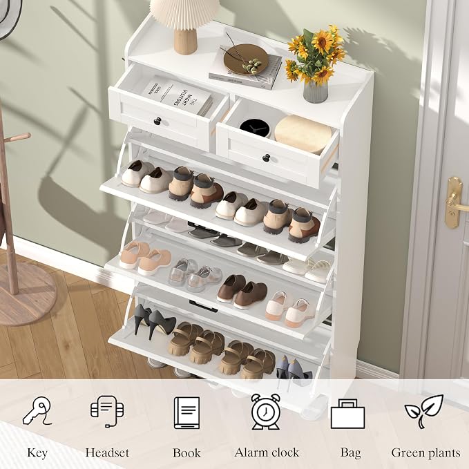 Thacuok Shoe Cabinet with 3 Flip Drawers & 2 Storage Drawers, Rustic Farmhouse - Image 5