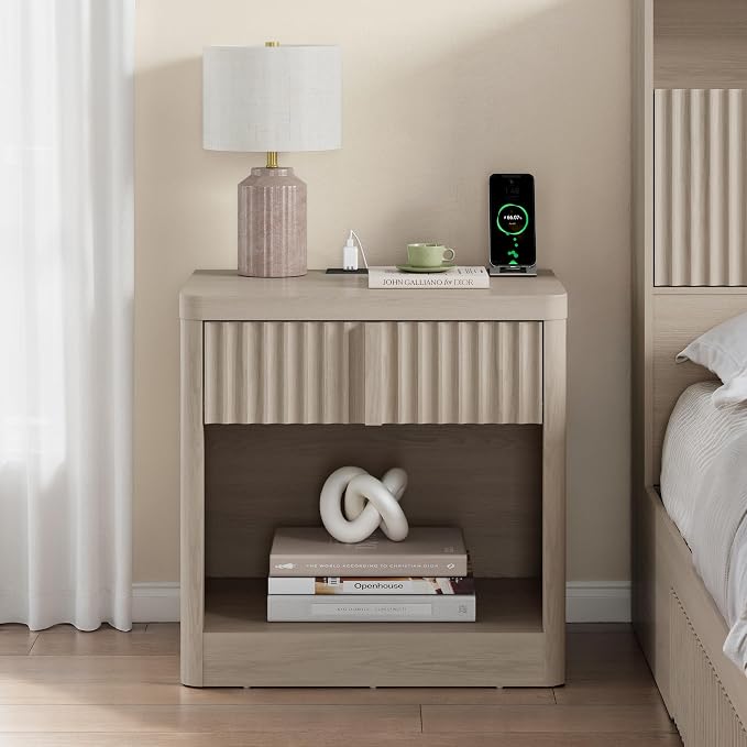Fluted Nightstand with Charging Station, 23.6" End Table with Solid Wood Handle - Image 3
