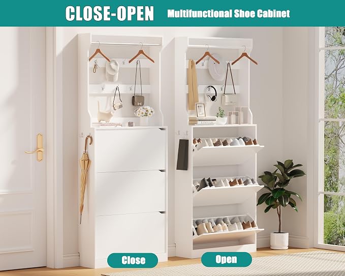 Shoe Cabinet for Entryway with 3 Flip Drawers, Narrow Hidden Slim Freestanding - Image 7