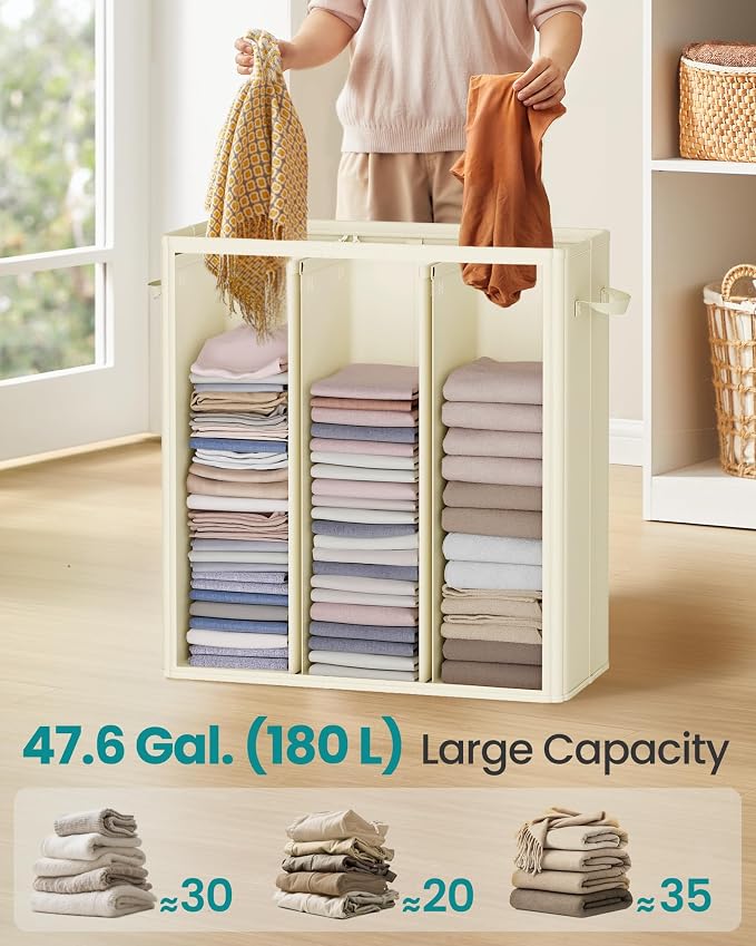 SONGMICS 47.6 Gallon Laundry Hamper, 3-Compartment Laundry Basket Sorter - Image 3