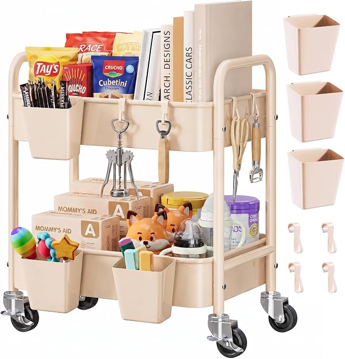 Beige 2 Tiered Small Rolling Cart on Wheels, Diaper Caddy Bedside Cart by Aofure