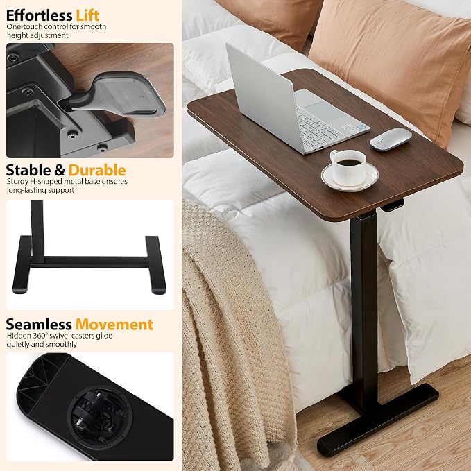 Overbed Table with Hidden Wheels, Height Adjustable Medical Bed Table Hospital - Image 4