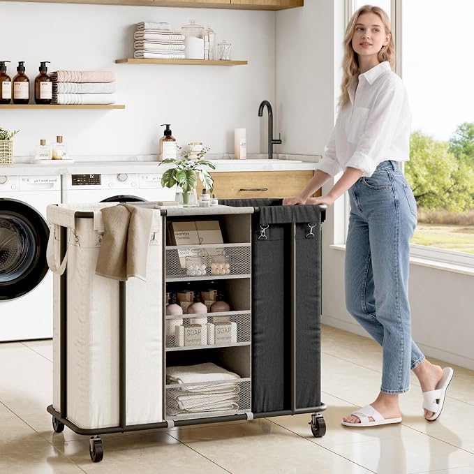 WOWLIVE Laundry Sorter 2 Section 200L Rolling Laundry Hamper - Image 2
