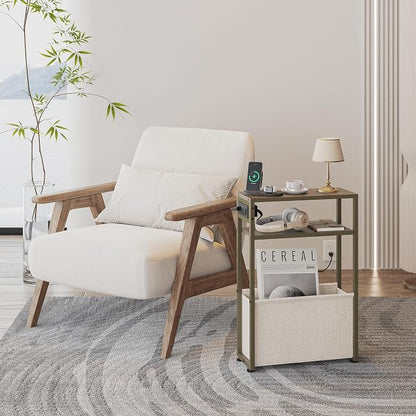 Green Side Table with Charging Station, Slim End Tables with Linen Basket - Image 3