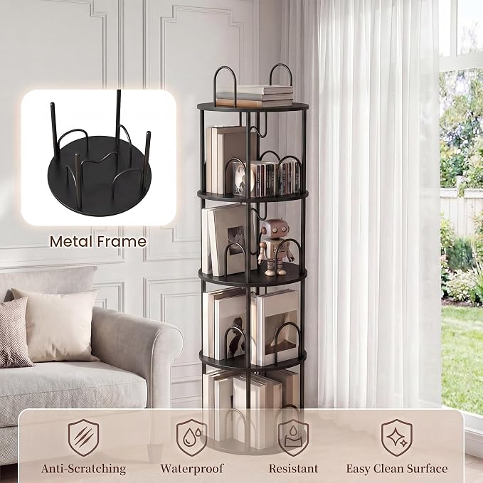 4 Tier Rotating Bookshelf, 360° Spinning Bookshelf Tower, Narrow Corner Book - Image 3