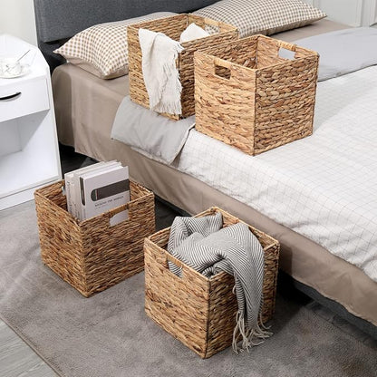 12x12in Storage Baskets 4 Pcs Water Hyacinth Baskets, Foldable Handwoven - Image 6