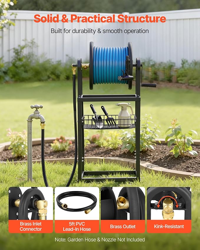 VEVOR Freestanding Garden Hose Reel, Holds 125 Feet of 5/8-inch Hose, Wall - Image 4