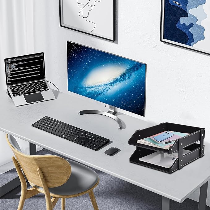 Leather Desk Organizer, 2-Tier Stackable Letter Tray Holder, Office Supplies - Image 8