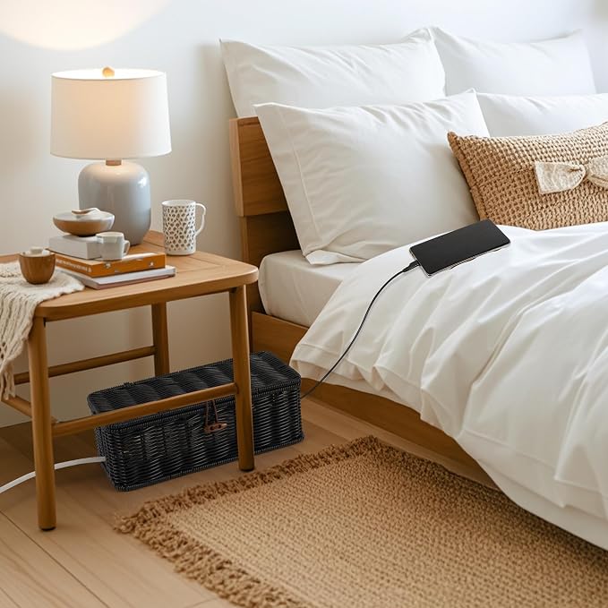Cable Management Box, Handwoven Faux Rattan Cord Organizer Box - Image 6