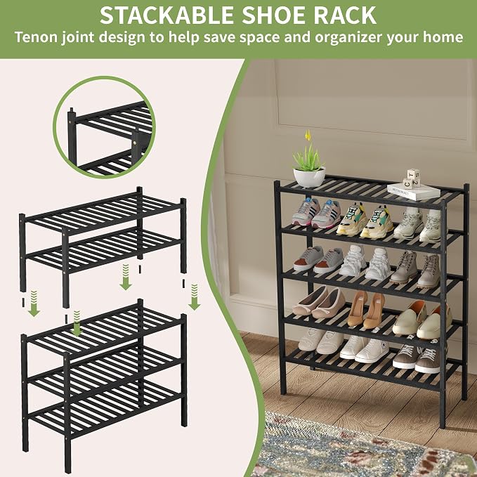 3 Tier Bamboo Shoe Rack for Closet Free Standing Wood Shoe Shelf Storage - Image 5