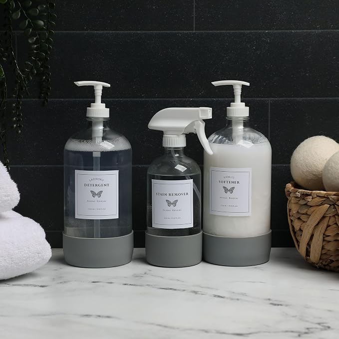 Glass Laundry Dispenser Set w/Silicone Base, 2x 34 oz & 1x 17 oz Pump Dispensers - Image 9