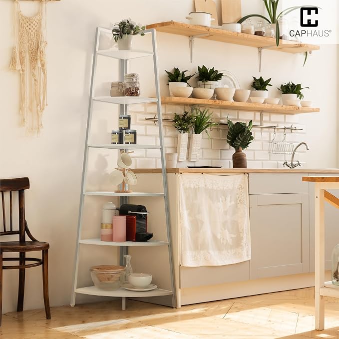 CAPHAUS 5-Tier Corner Shelf Stand, Tall Display Shelves, Ladder Corner Wood - Image 8