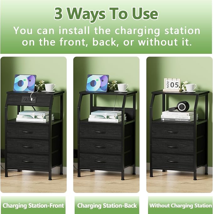 Furnulem Night Stand with Charging Station, 3 Drawers Bedside Table, Small - Image 6