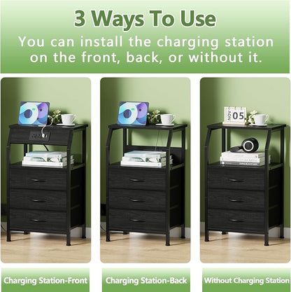 Furnulem Night Stand with Charging Station, 3 Drawers Bedside Table, Small - Image 6
