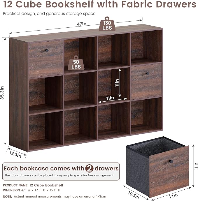 12 Cube Storage Organizer, Walnut Bookcase, Wooden Bookshelf - Image 2