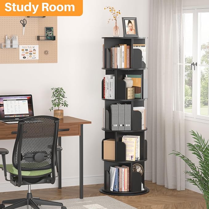 Aheaplus 5 Tier Rotating Bookshelf, Wood Spinning Bookshelf Tower, Round - Image 7