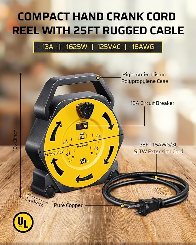 DEWENWILS Cord Reel with 4 Power Outlets, 2-USB Ports, 25FT Retractable - Image 3