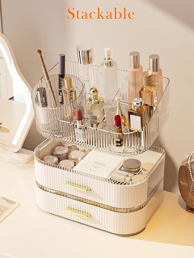 Makeup Organizer with Stackable Drawer, 360 Rotating Makeup Brush Holder - Image 6