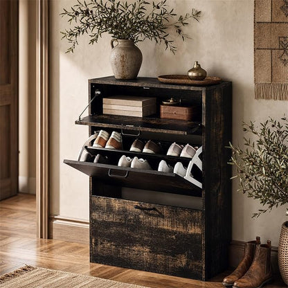 VINGLI Set of 2 Dark Rustic Oak Shoe Cabinet - Image 4