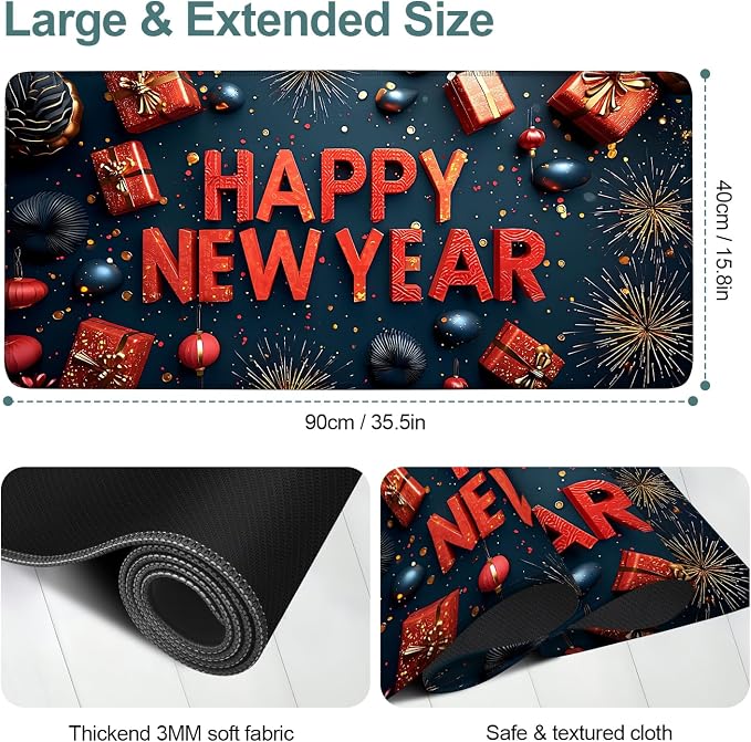 Happy New Year Gaming Mouse Pad 35.4"x15.7"Desk Mat Anti-Slip Rubber Base & - Image 2