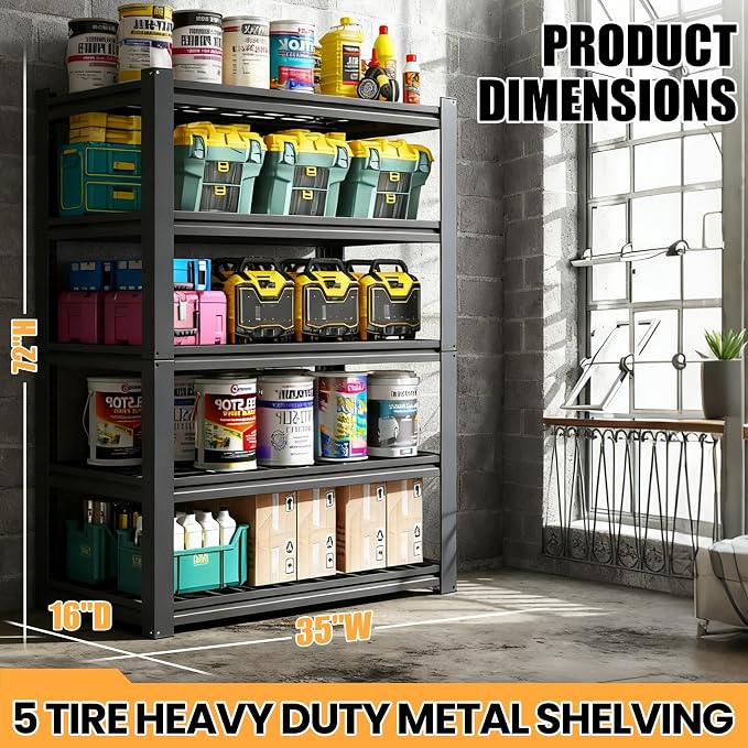Heavy Duty Garage Shelving, Metal Storage Shelves, 5 Tier Adjustable Storage - Image 2