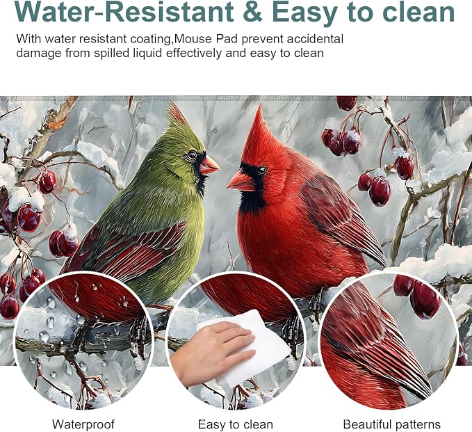 Winter Cardinal Bird Gaming Mouse Pad 31.5"x11.8"Desk Mat Anti-Slip Rubber Base - Image 4