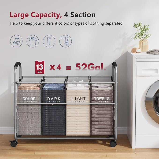 Tajsoon Laundry Sorter 4 Sections, Laundry Separator Hamper - Image 4