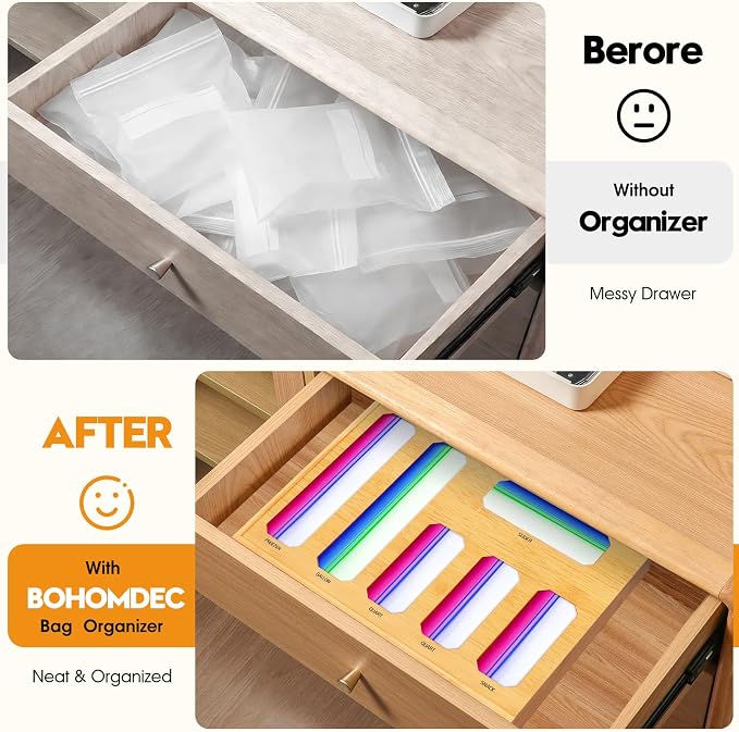 Bamboo Ziplock Bag Organizer for Kitchen Drawer & Wall Mount, Food Storage - Image 2