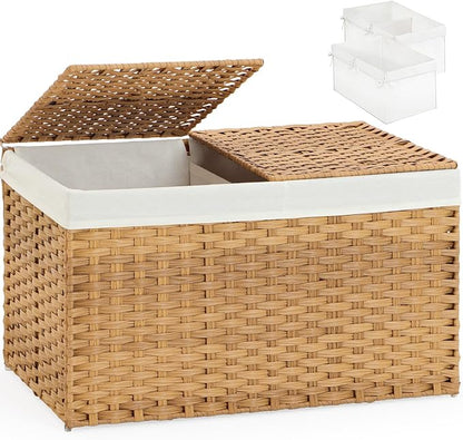 SETVSON Storage Basket with Lid, 2-Lid PE Rattan Storage Bin, Natural | 105L by SETVSON