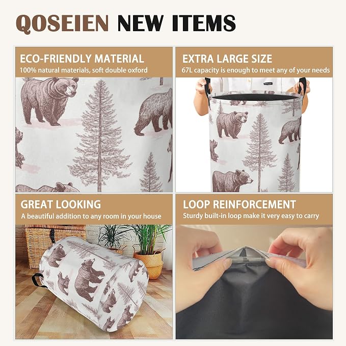 Large Laundry Basket, Retro Bear Collapsible Laundry Baskets, Forest Printed - Image 2