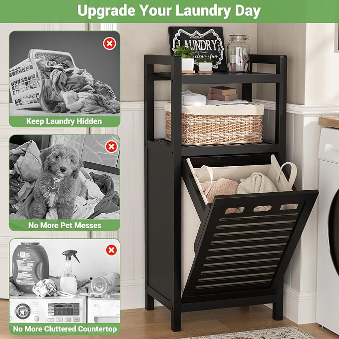 Homykic Tilt Out Laundry Hamper, 10 Gal Bamboo Laundry Storage Cabinet - Image 5