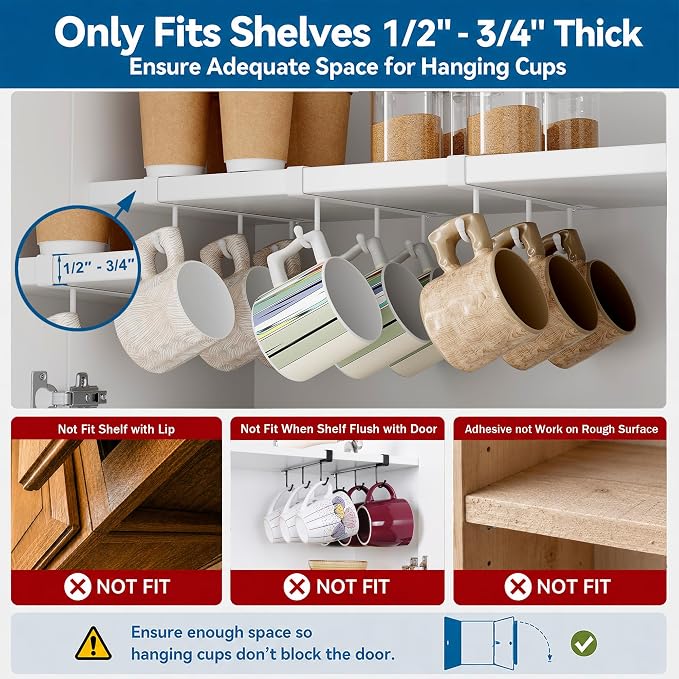 ECROCY Coffee Mug Holder Under Cabinet Only Fits Shelves up to 3/4" Thick - Image 3