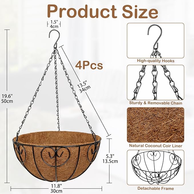 12 inch Metal Hanging Baskets for Plants Outdoor, 4 Pack Metal Wire Hanging - Image 3