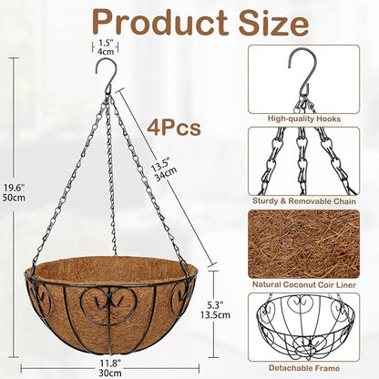 12 inch Metal Hanging Baskets for Plants Outdoor, 4 Pack Metal Wire Hanging - Image 3