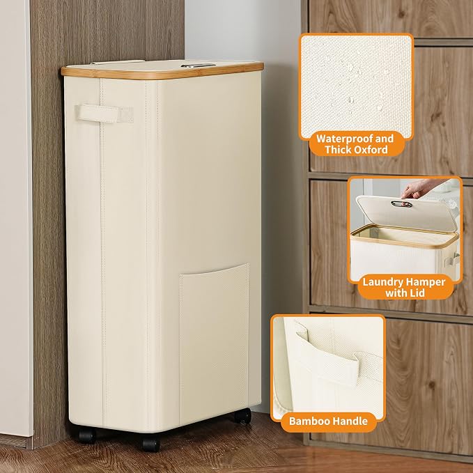 Laundry Basket with Wheels, Dirty Clothes Hamper on Wheels, Rolling Tall - Image 3