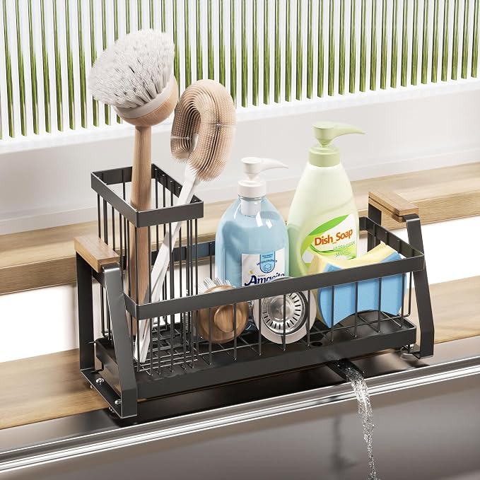 Sink Caddy Organizer with Wooden Handle & Self-Draining Tray, Trapezoid Kitchen - Image 2