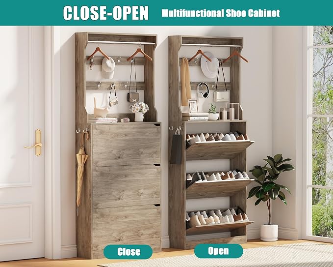 Shoe Cabinet for Entryway with 3 Flip Drawers, Narrow Hidden Slim Freestanding - Image 7