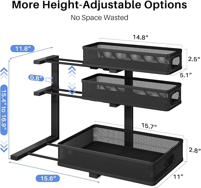 Under Sink Organizer, Height Adjustable Slide out Storage Drawer Rack - Image 9