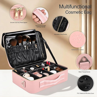 Travel Makeup Bag with Brush Holder, Professional Cosmetic Train Case Organizer - Image 3