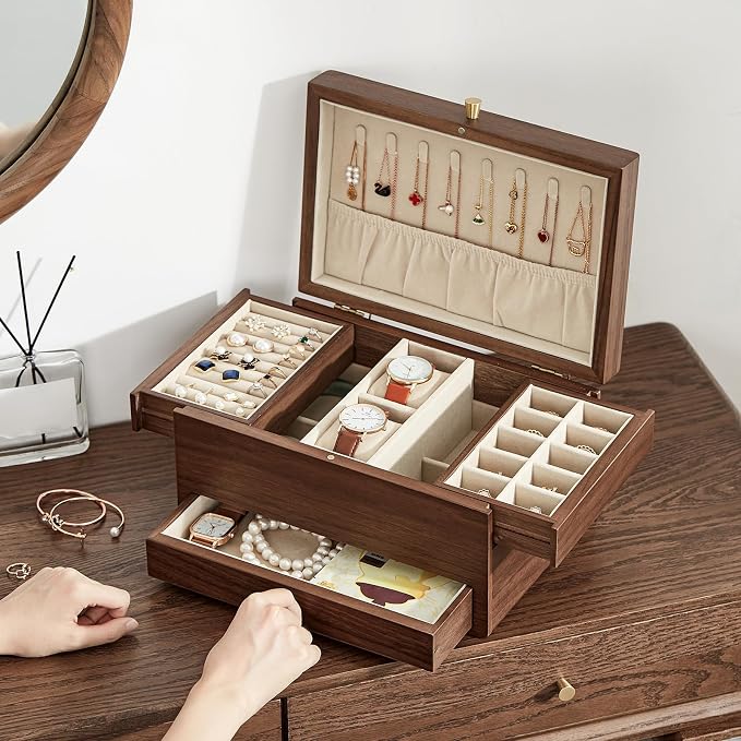 Wooden Jewelry Box for Women, 3 Level Multi-functional Drawers Black Walnut - Image 6