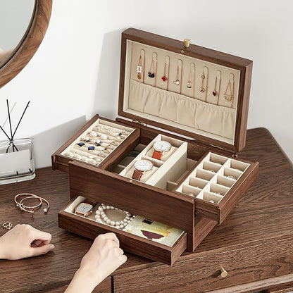 Wooden Jewelry Box for Women, 3 Level Multi-functional Drawers Black Walnut - Image 6