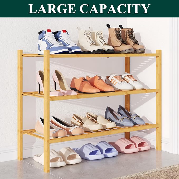 Smiry Bamboo Shoe Rack for Closet, 3 Tier Wooden Stackable Shoe Organizer - Image 5