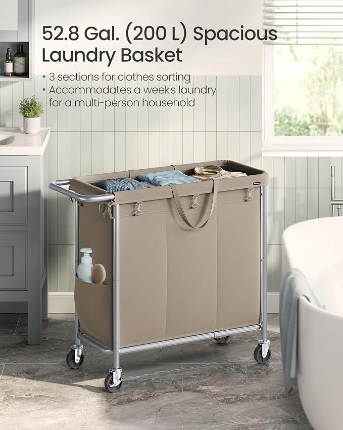 SONGMICS Laundry Basket with Wheels, 3-Section Rolling Laundry Hamper, 52.8 - Image 3