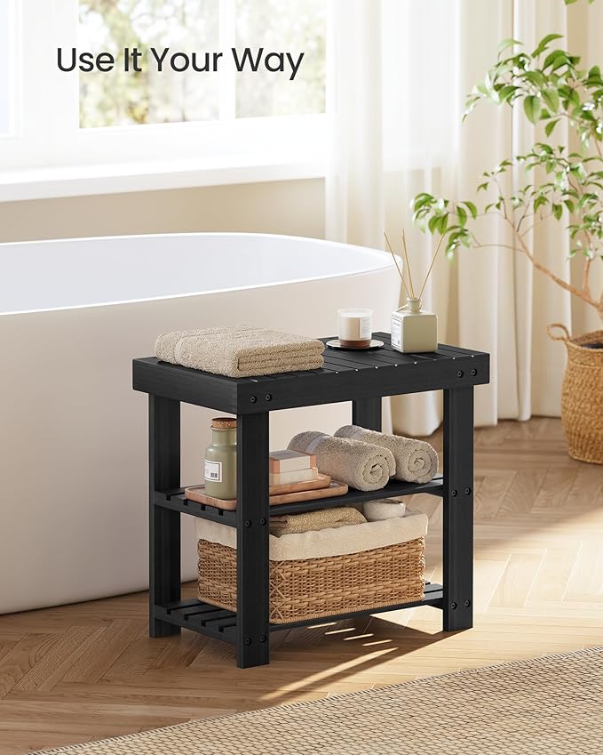 SONGMICS Shoe Rack Bench, 3-Tier Bamboo Shoe Storage Organizer, Entryway Bench - Image 5