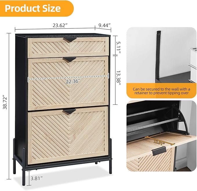 Shoe Cabinet with 2 Flip Drawers, Narrow Entryway Rack, Oak&Black | Slanted - Image 2