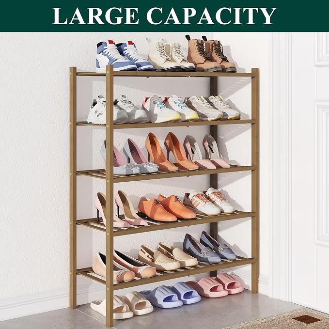 Smiry Bamboo Shoe Rack for Closet, 5 Tier Wooden Stackable Shoe Organizer - Image 5