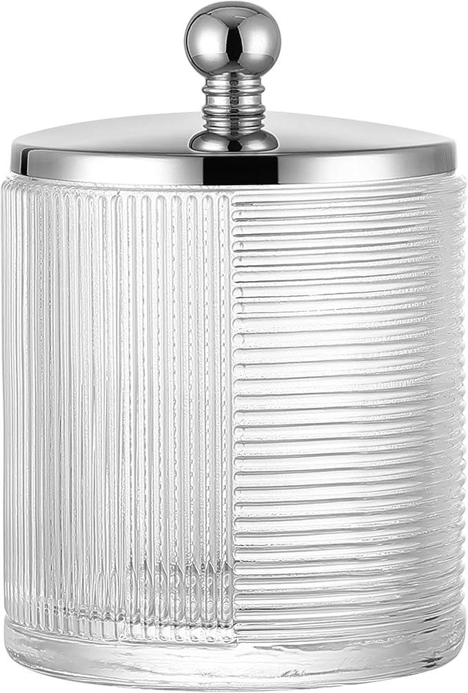Clear Transparent Apothecary Ribbed Geometric Etched Glass Jar W/Silver/Chrome by IndecorHome
